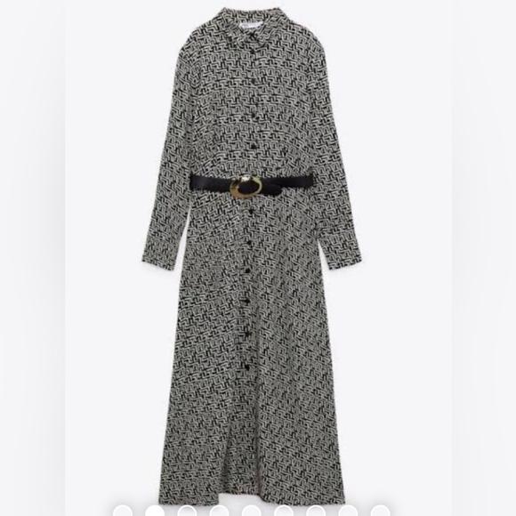 Zara Printed Shirt Dress Black ecru Patterned Maxi Dress - Picture 3 of 10